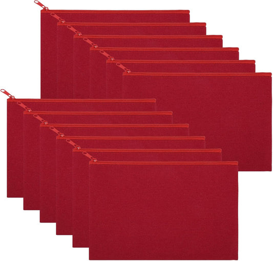 12 Pieces Cotton Canvas Makeup Bag, Multipurpose Cosmetic Bag with Zipper Travel Toiletry Pouch, Blank DIY Craft Bag (Red, M)