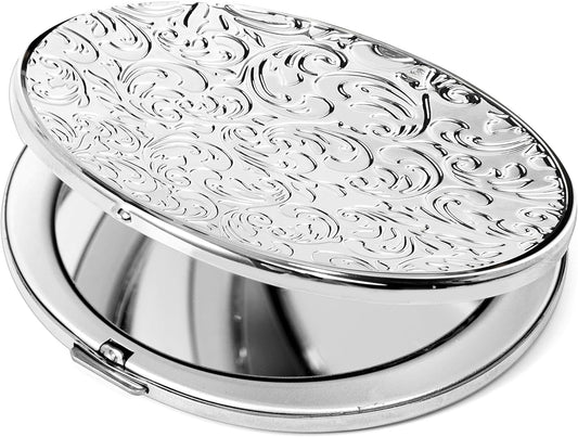 Portable Compact Metal Folding Makeup Mirrors, Beautiful and Elegant,1X/2X Magnifier. (Silver)