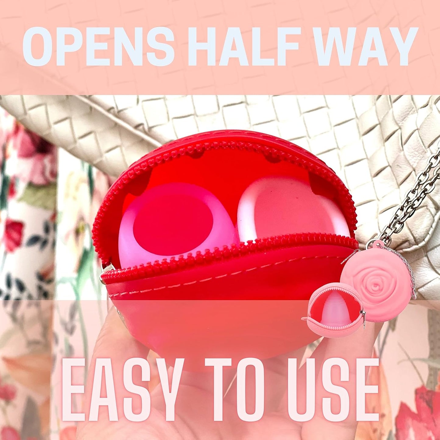 Menstrual Period Cup Case Storage Bag | Rose Design + Silicon Material | Easy to carry, clean, and use | Metal Chain attached | Multi-use for small items (Cup not included) Green