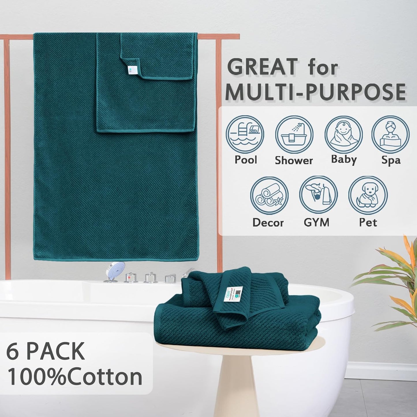Bathroom Towels, 6 Piece Towel Set - Cotton | Soft | Quick Dry | Thick | Lightweight, 2 Large Bath 30"x56", 2 Hand 18"x28", 2 Washcloths 13"x13", Guest Towel Set, Deep Turquoise Gift Towel, Dark Teal