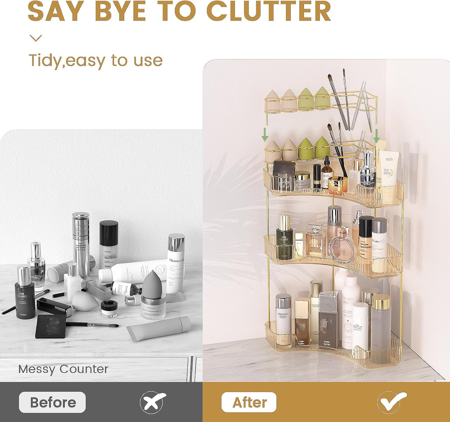 NATURE'S SOURCE Makeup Organizer for Vanity, 3-Tier Corner Bathroom Organizer Countertop with Makeup Brush Holder, Corner Counter Storage for Bathroom Dresser- Amber Gold