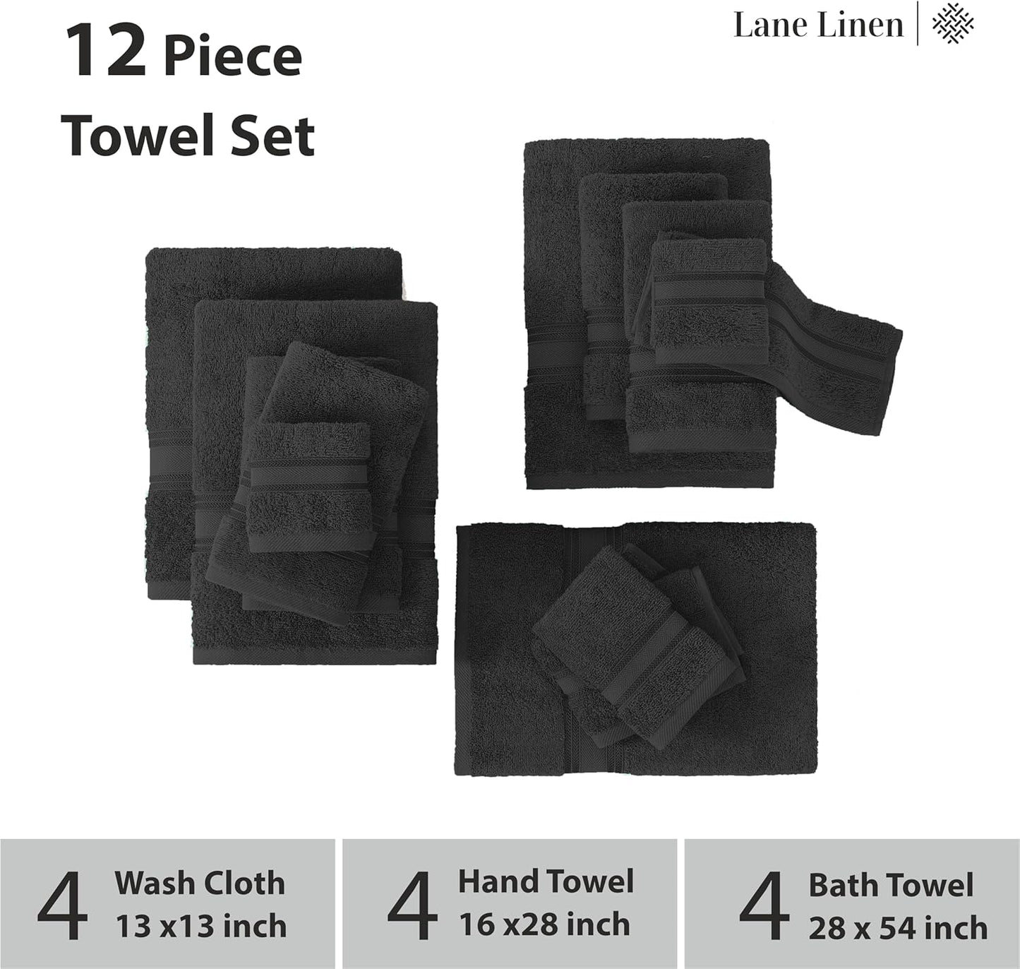 LANE LINEN Luxury Bath Towels Set - 12 Piece Set, 100% Cotton, Zero Twist, Quick Dry Shower Towel, Absorbent Towel, Super Soft, 4 Bath Towels, 4 Hand Towels, 4 Wash Cloths - Black