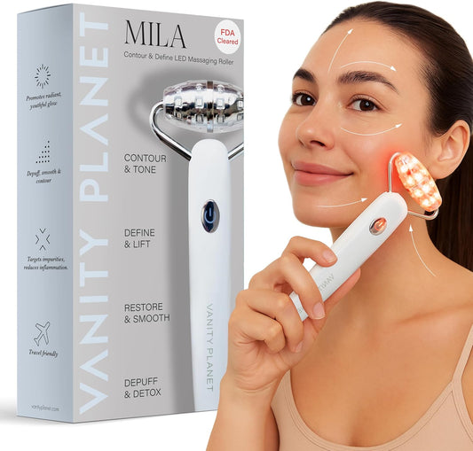 Vanity Planet Mila Contour & Define LED Facial Roller - 3-in-1 Skin Massager with Cooling, Sonic Vibration & Red Light - Ergonomic Anti-Aging Face Tool for Firming & Relaxation