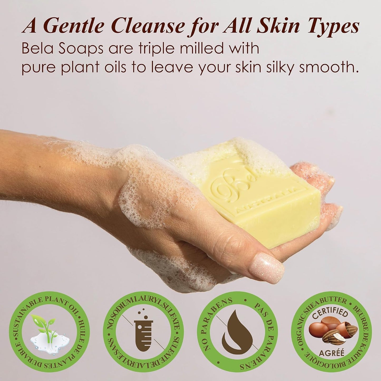 BELA French Pear Soap 3.3 OZ Pack of 6, Long Lasting French Triple Milled Bar Soap with Organic Shea Butter, Hand, Face and Body Wash Bar, Made in Australia