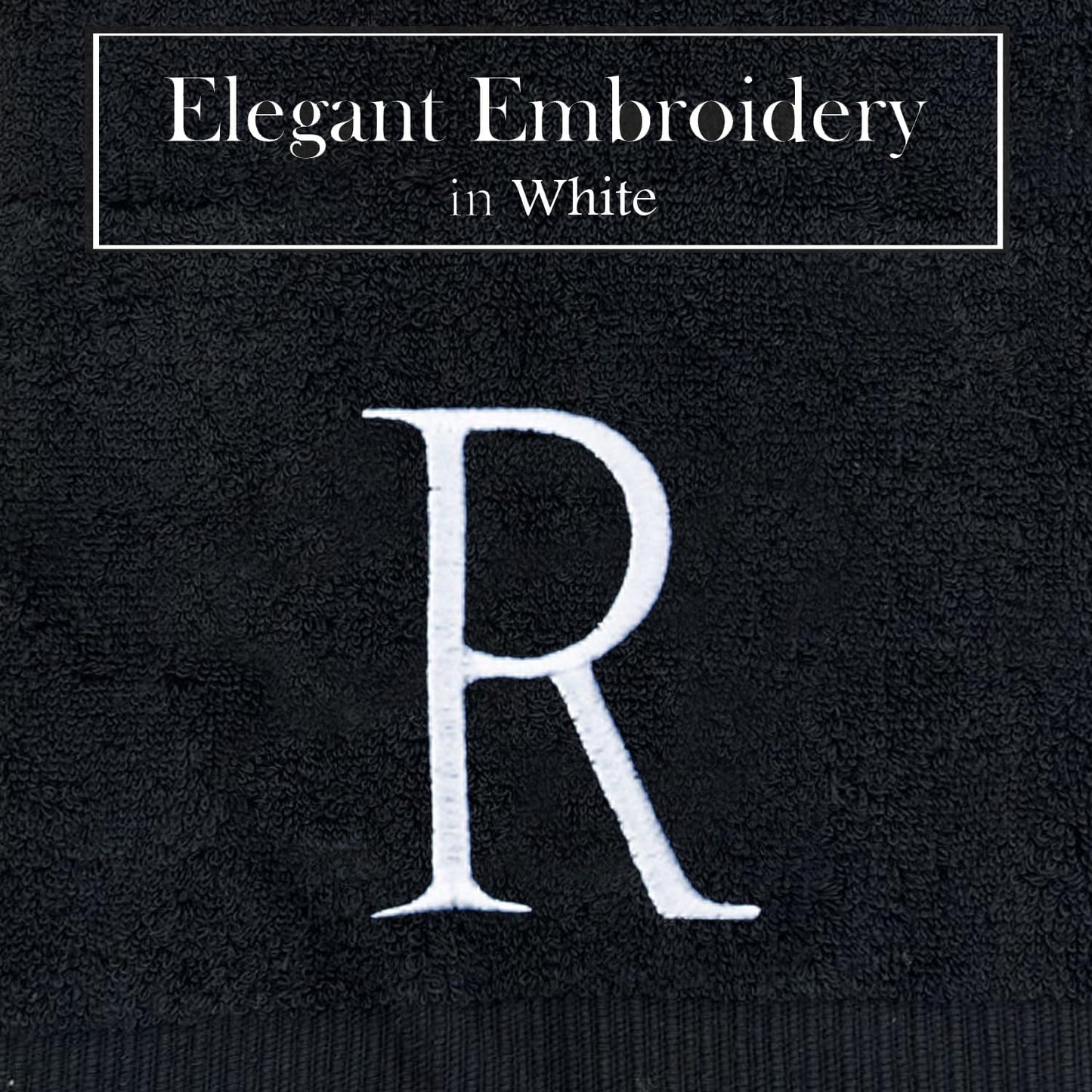 White and Black Monogrammed Hand Towel - Monogram Initial Hotel Quality Decorative Embroidered Luxury Towel for Powder Room, Spa - GOTS Organic Certified - Pack of 2, Letter R