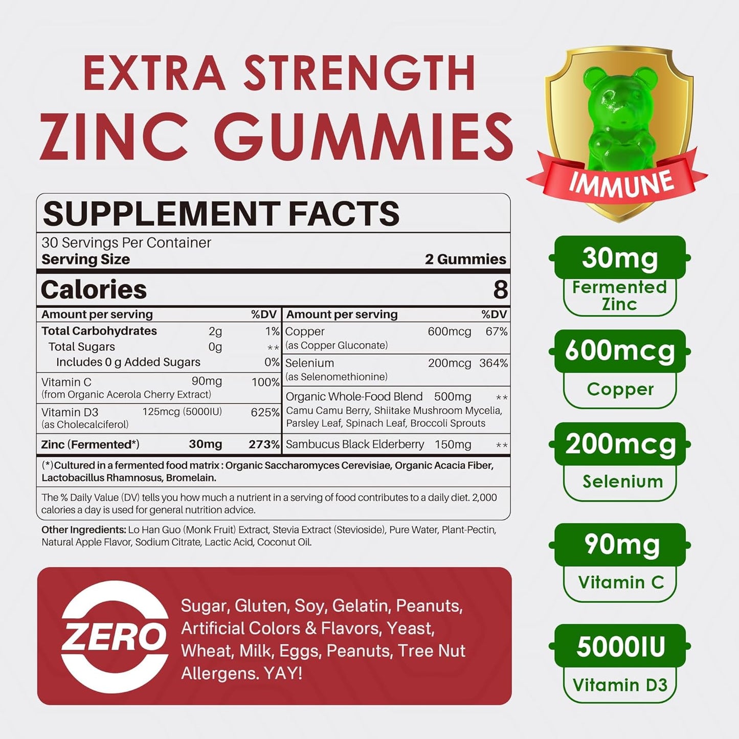Zinc Gummies + Copper, Selenium, Vitamin C & D3, Fermented Zinc Supplements for Women and Men with Elderberry for Daily Immune Support, Powerful Antioxidant, High Absorption, Vegan, Sugar Free, 2 Pack