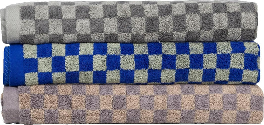 Checkered Bath Towel Set of 3, 100% Cotton Bath Towels Large, 520GSM, 55.12"*27.56", Luxury Shower Towels for Bathroom, Soft Absorbent Quick-Dry（Midnight Blue+Brown+Grey）