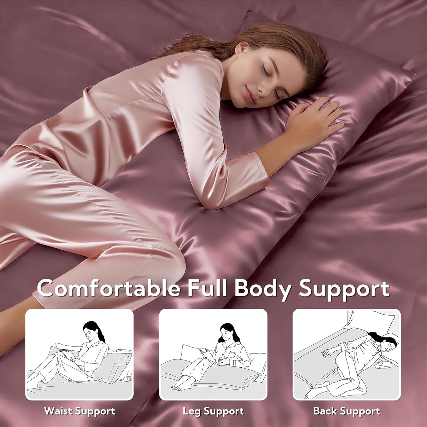 MR&HM Satin Body Pillow Cover, Soft and Breathable Body Pillow Case with Envelope Closure, Cooling and Silky Long Pillowcase for Hair and Skin,Grey (20x54, Rose Taupe)