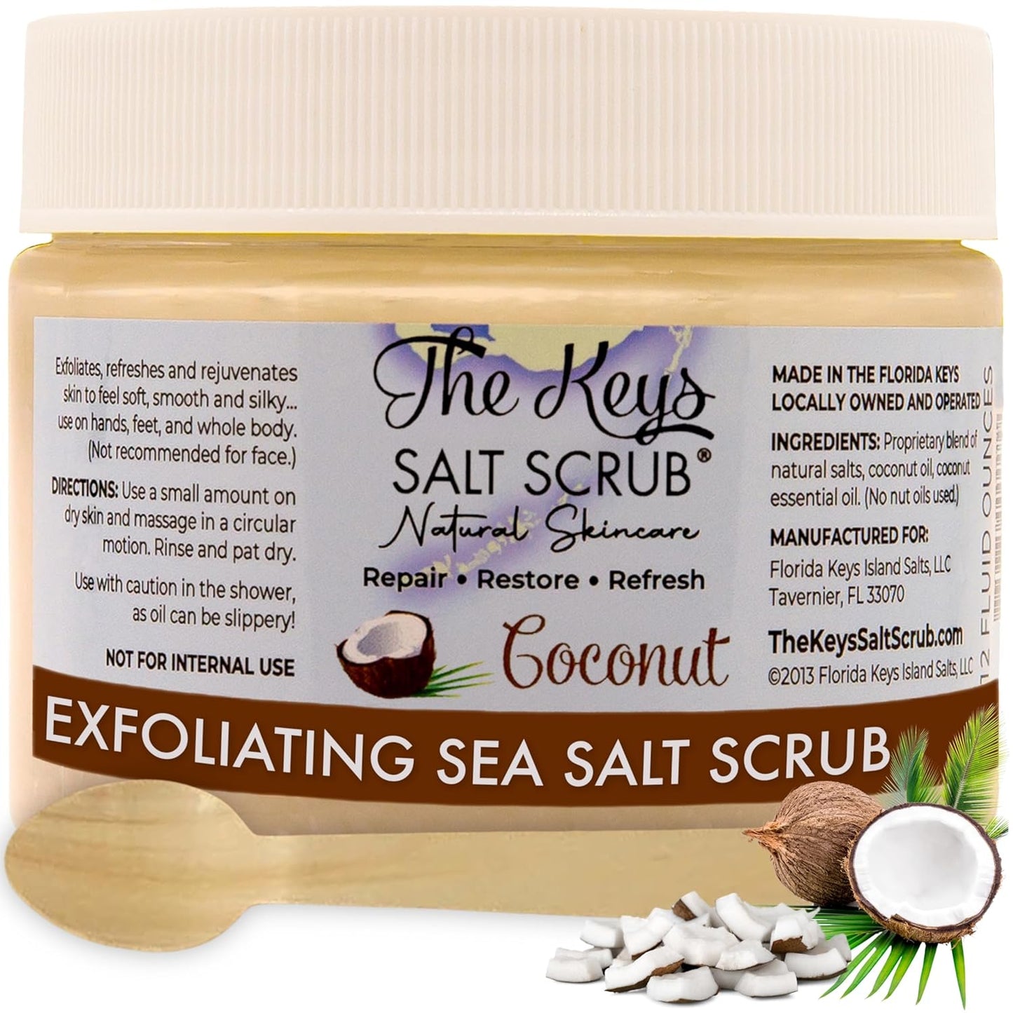 The Keys Salt Scrub -Sea Salt Scrub - Exfoliating Body Scrub with Wooden Spoon - Moisturizing Exfoliator for Hands, Foot, Bath, (12 Ounce (Pack of 1), Coconut)