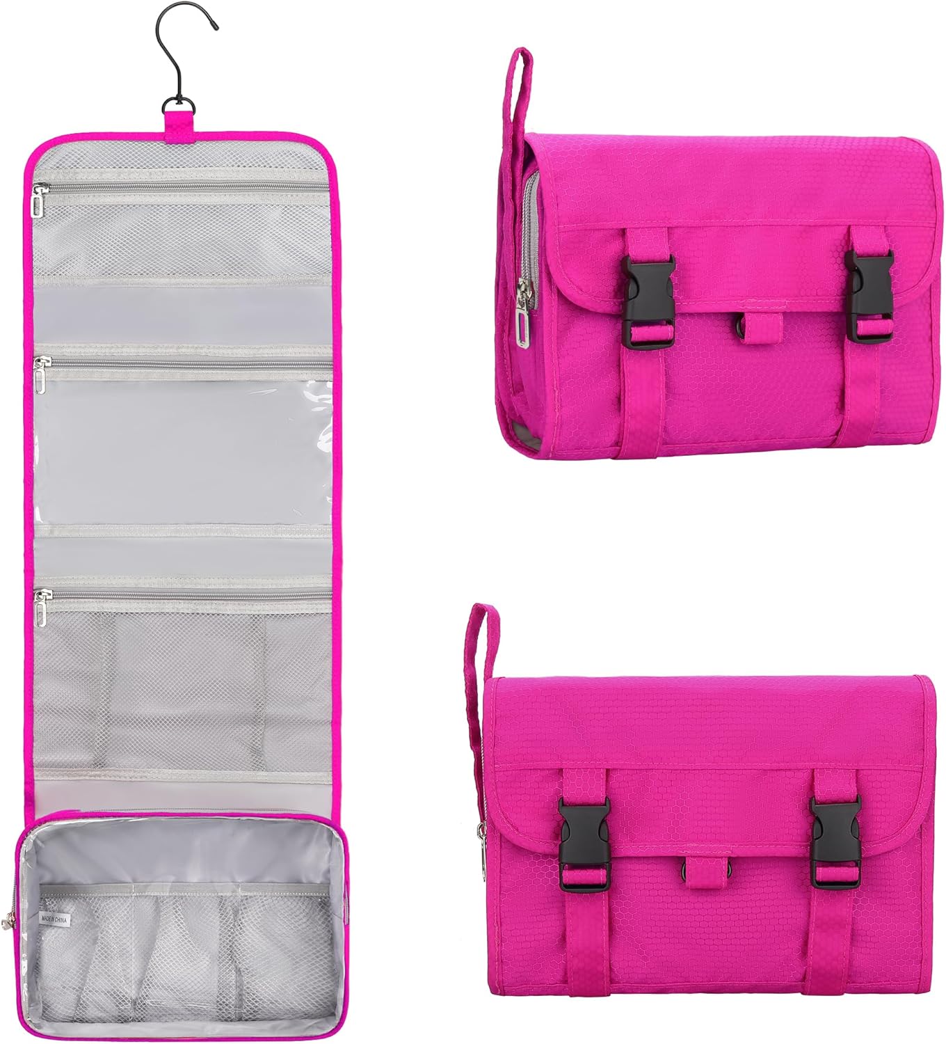 Relavel HangingTravel Toiletry Bag for Women, Large Capacity Toiletries Bag, Travel Essentials Organizer, Hanging Makeup Case for Accessories, Waterproof Bathroom Shower Bag (hot pink)