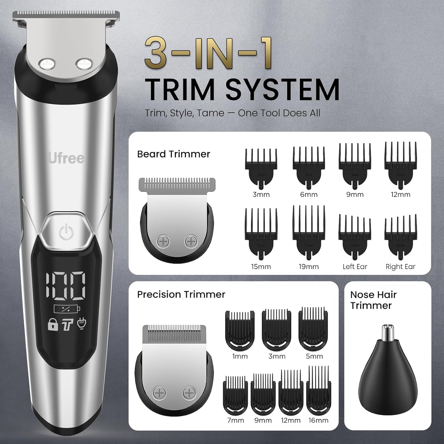 Ufree 3-in-1 Beard Trimmer Kit, Men's Electric Shaver Razor for Mustache Body Nose Facial Hair, Professional Hair Trimmer, Rechargeable Clippers, Waterproof Beard Grooming, Birthday Gifts for Men