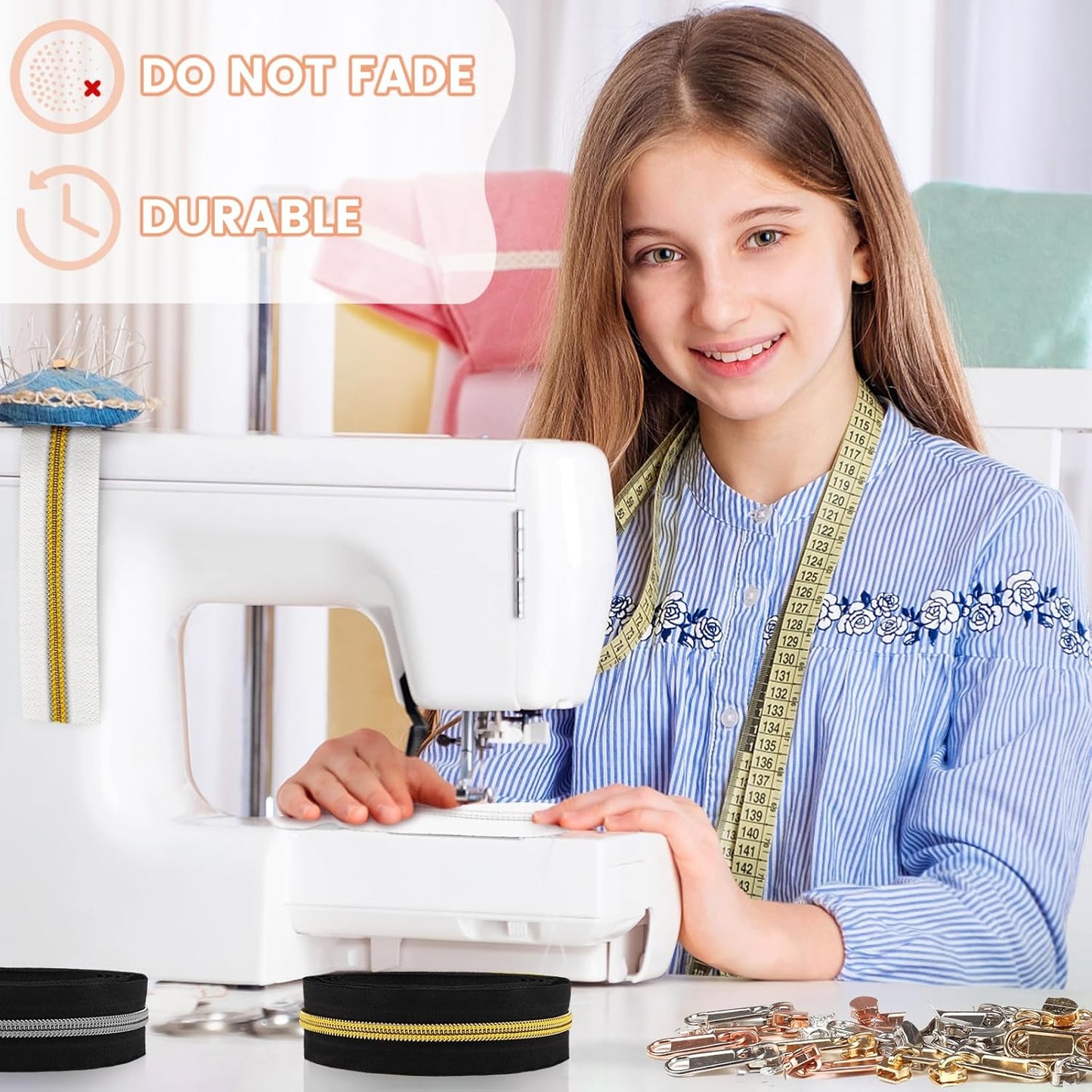 DOITEM 17.8 Yards Endless Zippers by The Meter Black White Zipper 6 mm Spiral + 32 Nonlock Zippers (Gold Silver Rose Gold)