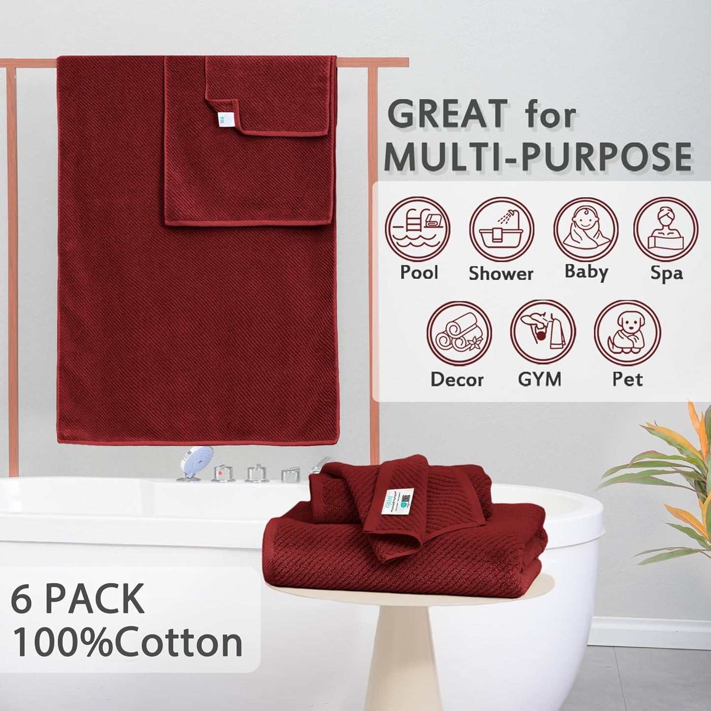 VOOVA & MOVAS Burgundy Towel Set - 100% Cotton | Lightweight | Soft | Quick Dry, 6 Piece Towel Set,2 Large Bath 30"x56", 2 Hand 18"x28", 2 Washcloths 13"x13", Towels Gift Set, Red Towels