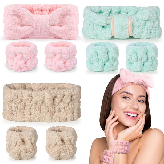 Spa Headband and Wristband Set - 3-Piece Skincare Headbands & 6-Piece Wrist Spa Wristbands for Women,Facial Hairbands for Washing Face, Makeup, Sports, Yoga, Headband for Washing Face