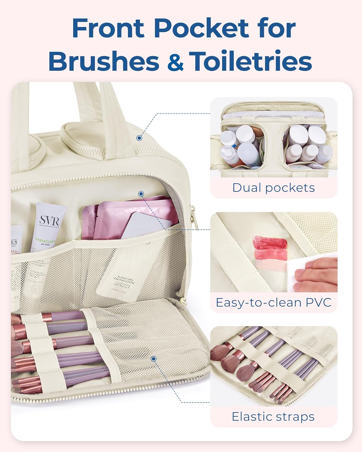 BAGSMART Travel Toiletry Bag, Lightweight Large Wide-open Travel Bag for Women, Puffy Cosmetic Makeup Bag Organizer with Handle for Accessories,Essentials, Toiletries, Beige