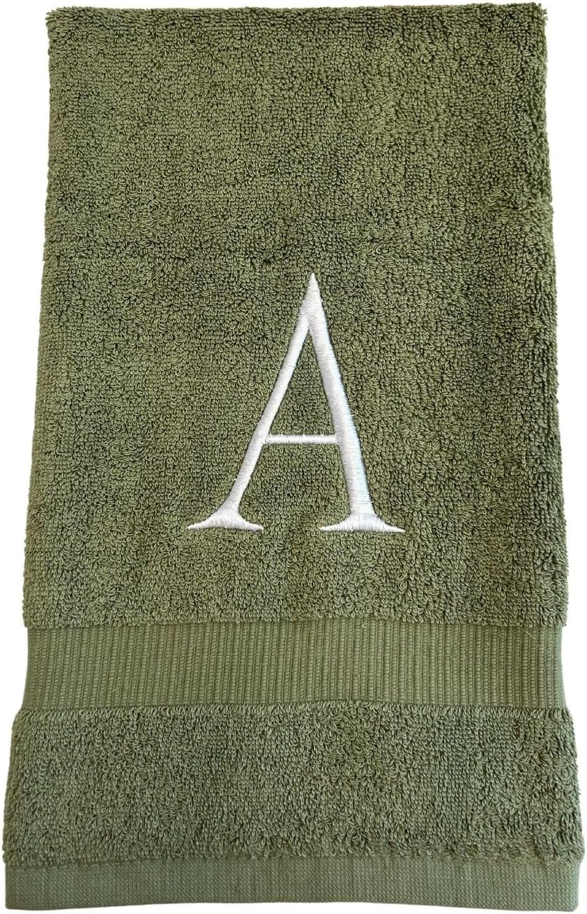 Sage Initial Hand Towel for Bathroom - Monogrammed Luxury Hotel Quality Decorative Embroidered Towel for Powder Room, Spa - GOTS Organic Certified - Set of 2 Letter K