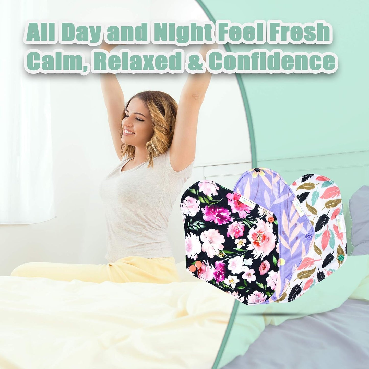 Wegreeco Reusable Menstrual Pads - Soft Cloth Sanitary Pads & Panty Liners - 6 Pack with 1 Cloth Mini Wet Bag (Large, Flower 02)