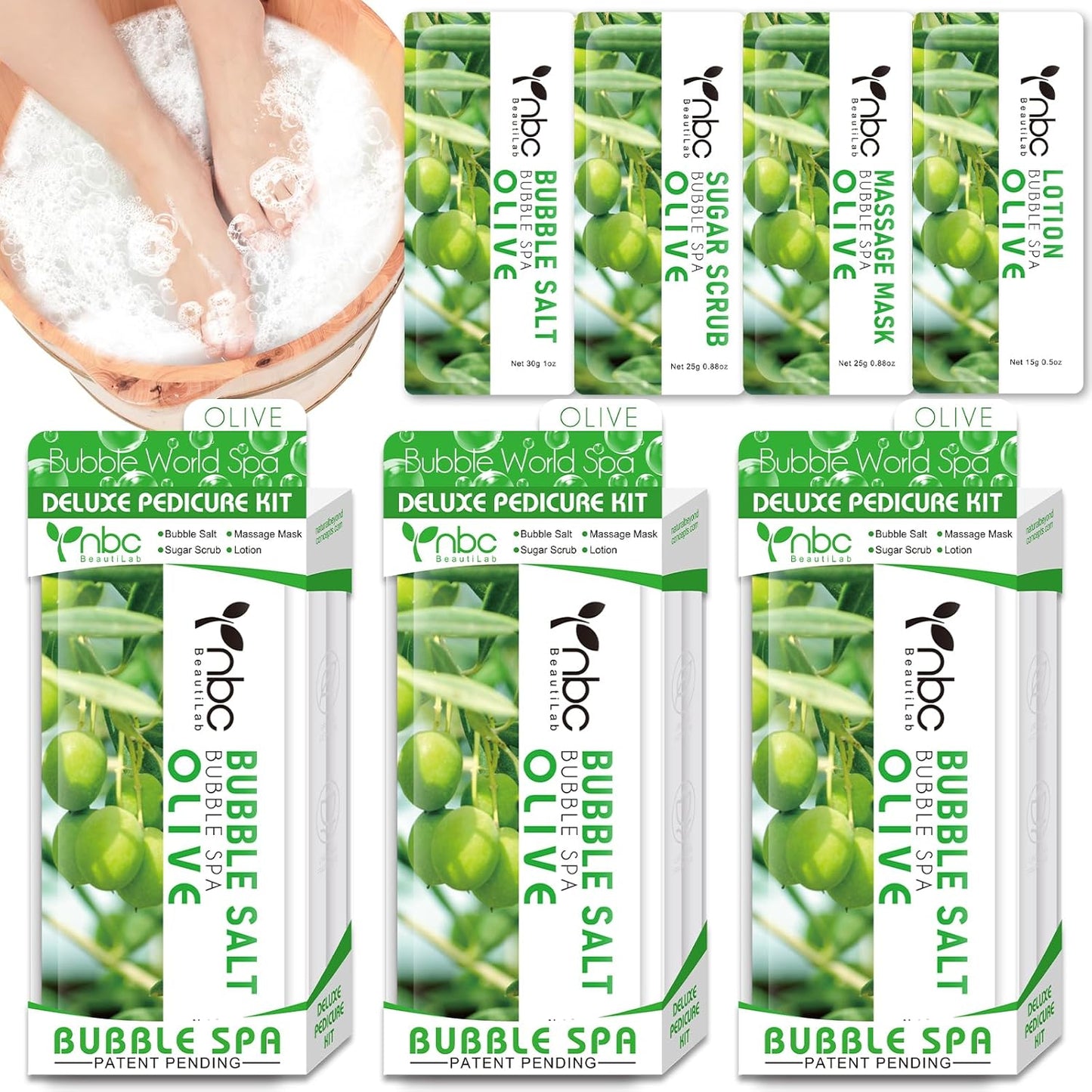 Pedicure Kit Foot Soak Set: Bubble Salt, Sugar Scrub, Massage Mask, Massage Lotion in a Box, 4 Step Foot Spa Kit for Dry Feet, Calluses and Tired Feet(3 Set Olive)