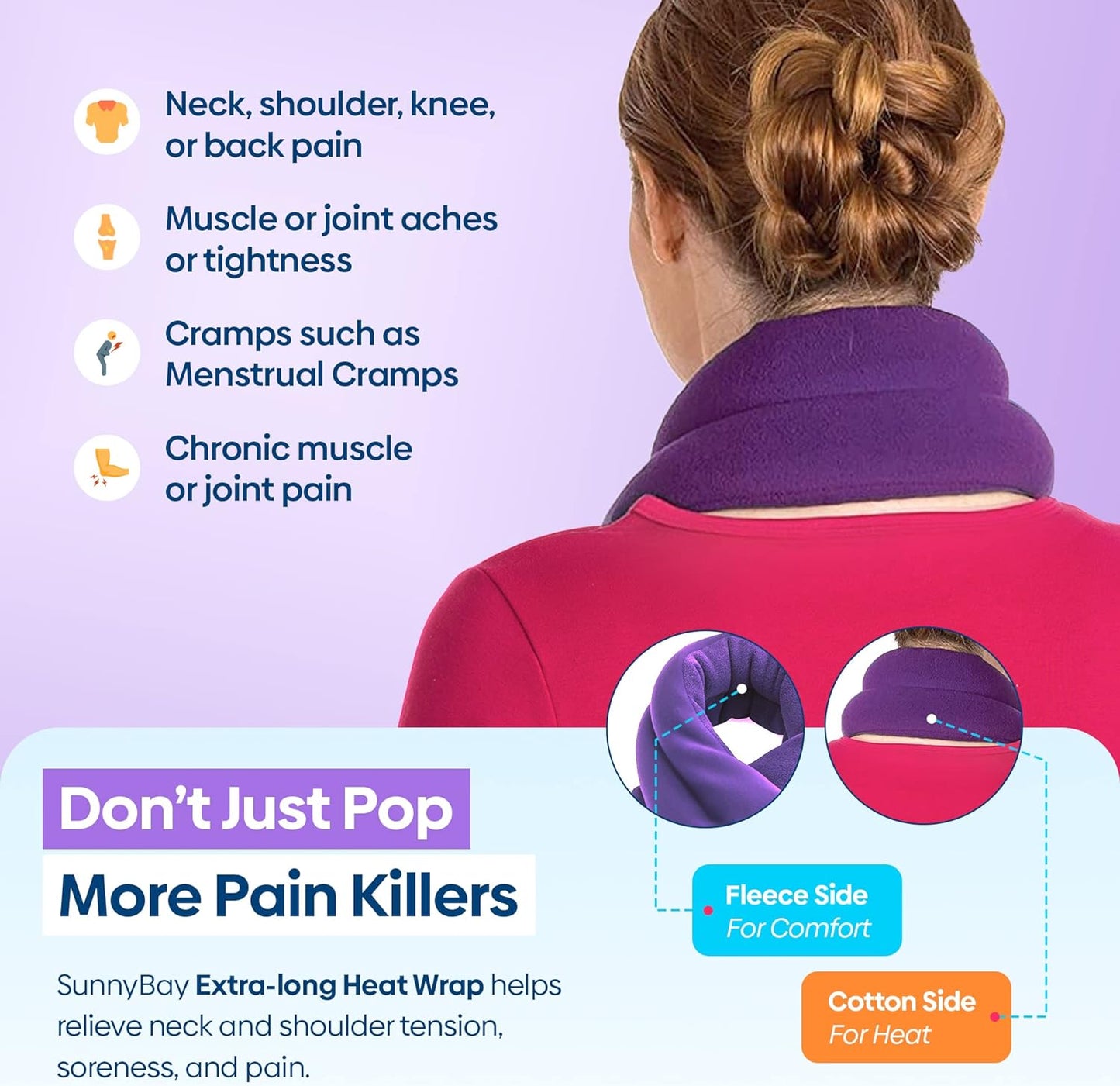 SunnyBay Microwave Heating Pad, Microwavable Heated Neck and Shoulder Wrap with Lavender, Soothing Pillow Hot & Cold Bean Bag, Aroma Warmer for Pain Relief, 26x5 Inches, 2.5 lbs, Purple