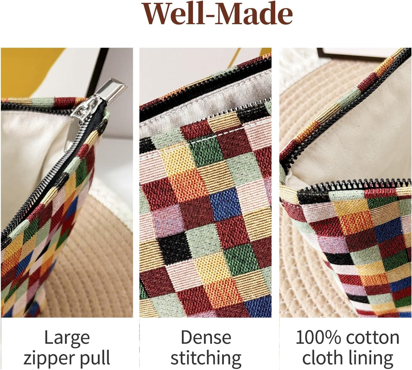 Stylish Checkered Canvas Makeup Bag – Travel Cosmetic Organizer (10.6 x 7.1 x 2.8 Inches), Large Cosmetic Bag, Colored Squares Zipper Pouch, Plaid Fabric, Plain lining