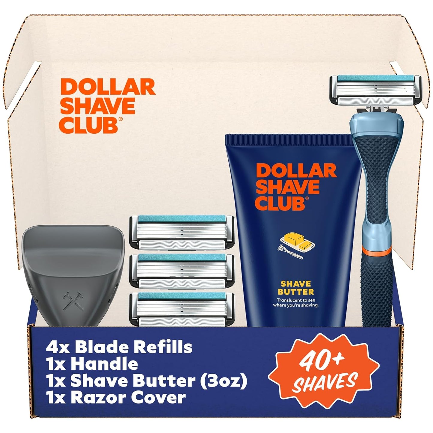 Dollar Shave Club | The Member Exclusive Shave Set | 4 Swift Rinse Refill Cartridges, 1 Handle (Blue), 1 Shave Butter 3 ounce, 1 Razor Cover, Razors for Men