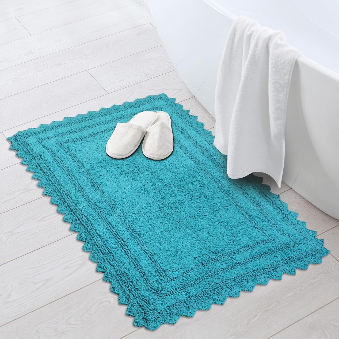 RAJRANG Bluebird Rectangular Bathroom Rug – 34x21 Inches Soft Cotton Bath Mat with Crochet Pattern, Absorbent and Reversible Mat for Spa, Hotel, Kitchen, or Home Decor