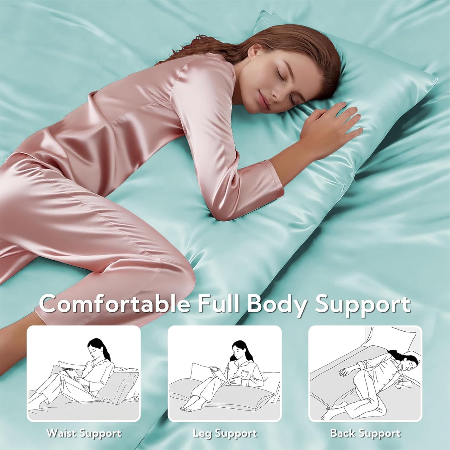 MR&HM Satin Body Pillow Cover, Soft and Breathable Body Pillow Case with Envelope Closure, Cooling and Silky Long Pillowcase for Hair and Skin,Grey (20x54, Turquoise)