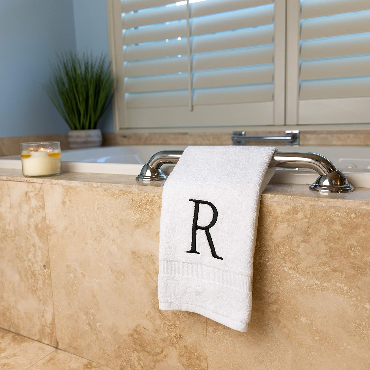 White and Black Monogrammed Hand Towel - Monogram Initial Hotel Quality Decorative Embroidered Luxury Towel for Powder Room, Spa - GOTS Organic Certified - Set of 2 Letter R