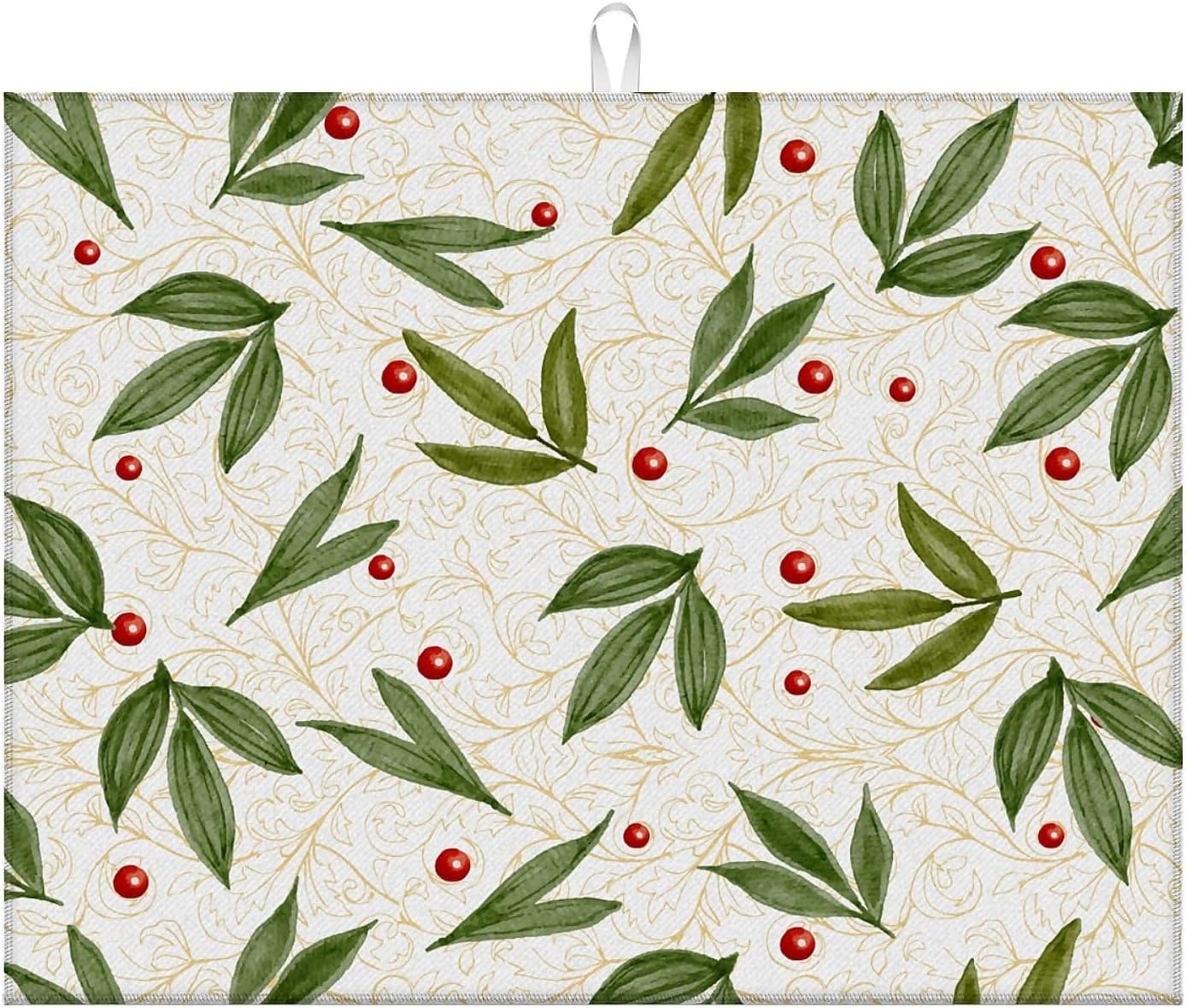 Dish Drying Mat For Kitchen Counter, Green Leaves Beige Microfiber Absorbent Dish Drainer Rack Pad Reusable Large 18x24in Drying Mat