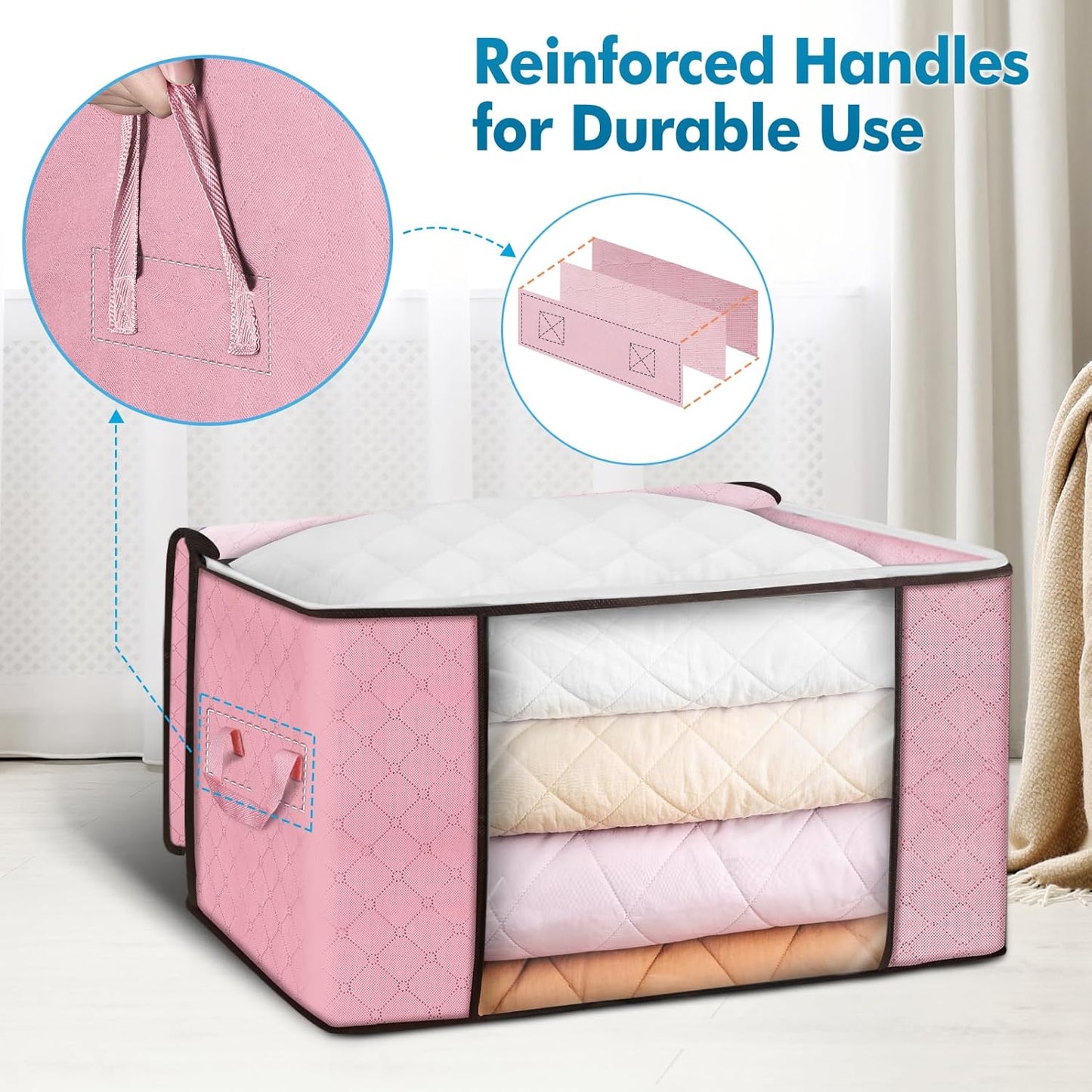 Budding Joy 90 L Large Storage Bags, 6 Pack Clothes Bins Foldable Closet Organizer Containers for Blanket, Comforters, Bed Sheets, Pillows (Pink)