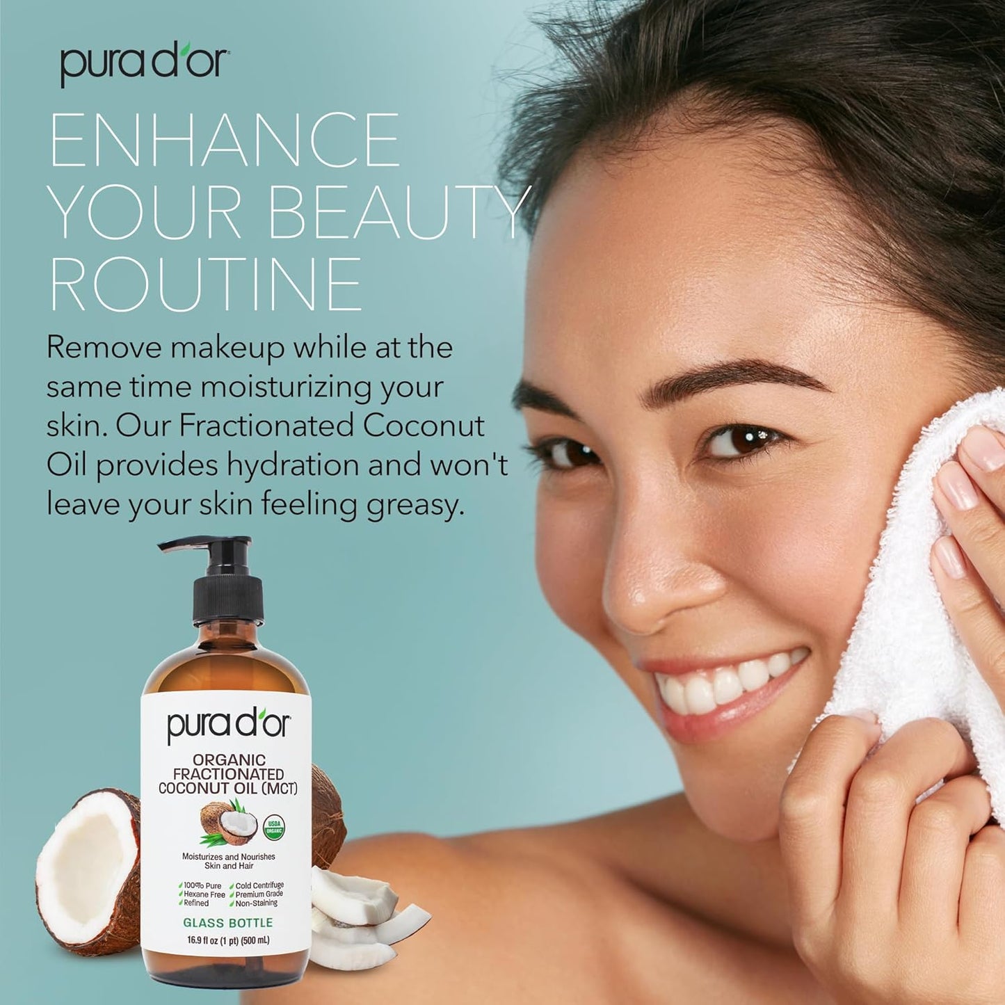 PURA D'OR 16.9 Oz ORGANIC Fractionated Coconut Oil MCT Oil (GLASS BOTTLE) 100% Pure & Natural USDA Certified Cold Pressed - Unscented, Hexane Free Moisturizer For Face, Skin & Hair Tonic - Men & Women