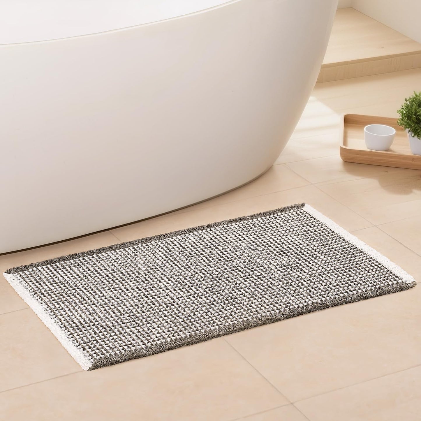 Waffle Bath Mat - Boho Bathroom Rugs Non Slip Washable, Super Absorbent & Quick Dry, Small Bath Mats Farmhouse Bathroom Decor, 18'' x 30'', Olive Green and White