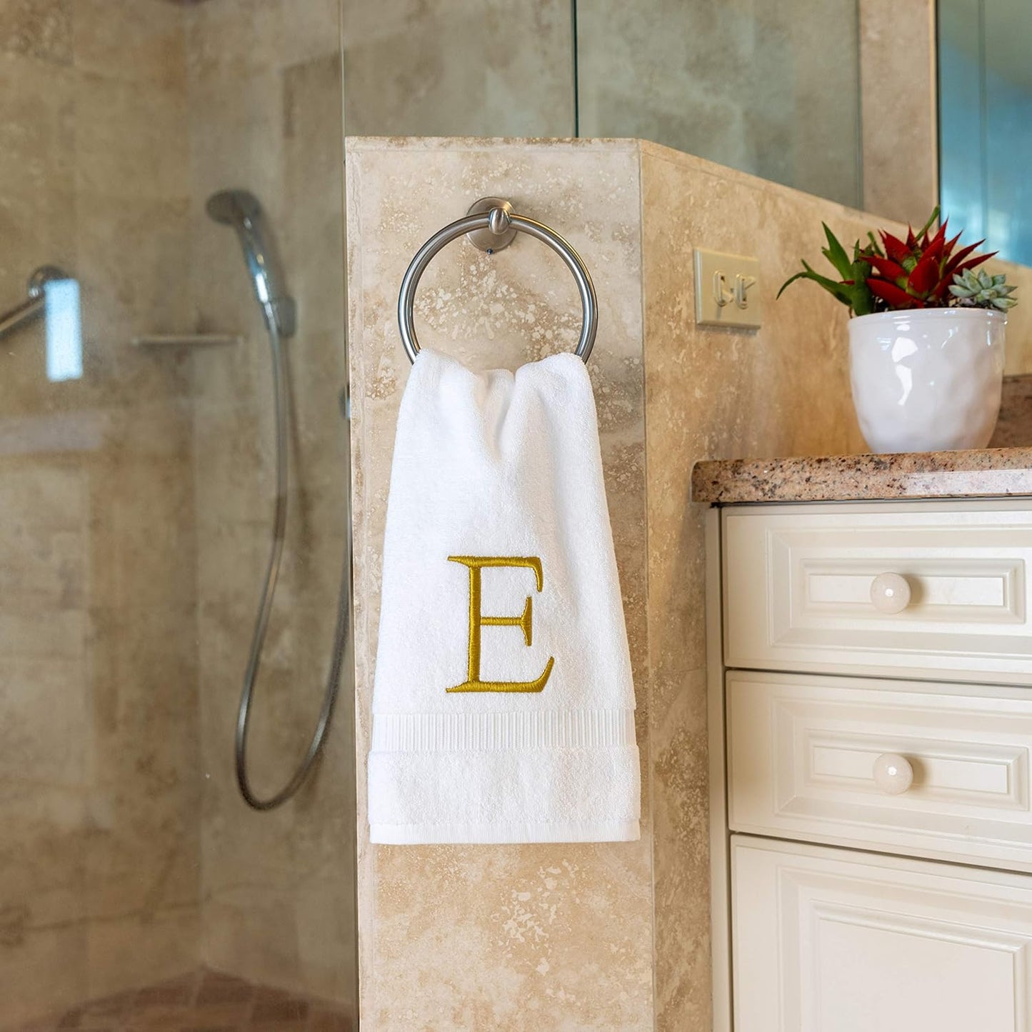 Monogrammed Hand Towels for Bathroom - Luxury Hotel Quality Personalized Initial Decorative Embroidered Bath Towel for Powder Room, Spa - GOTS Organic Certified - Set of 2 Gold Letter E