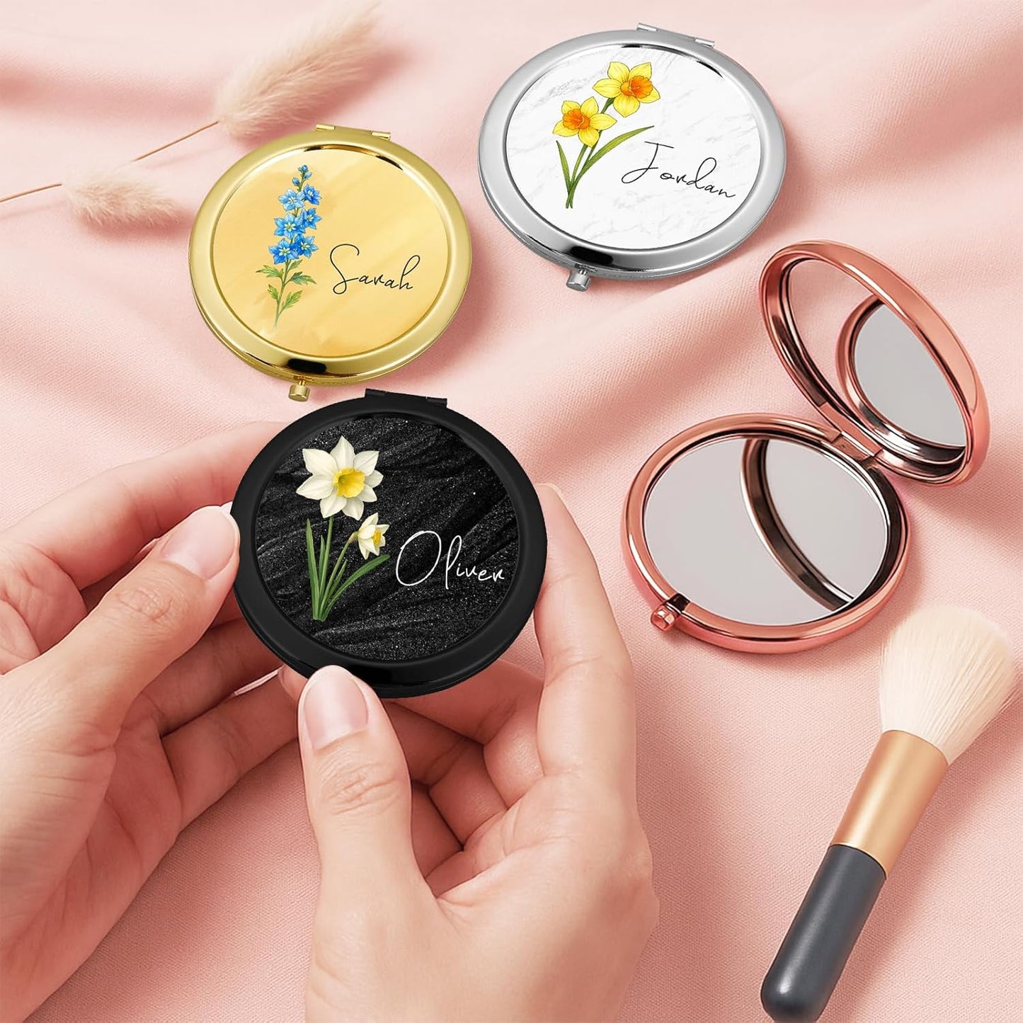 Personalized Compact Mirror for Women, Custom Birth Flower and Name Pocket Mirror, 1X/2X Magnification Travel Makeup Mirror for Purse, Gift for Bridesmaid Wedding Birthday Christmas Mom Friend Sister
