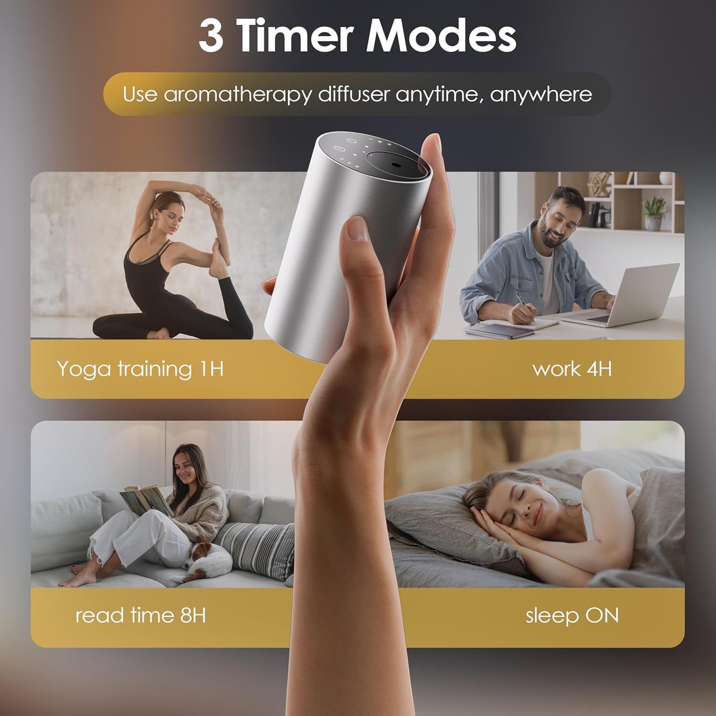 Essential Oil Diffuser with 3 Spray Modes, Battery Operated, LED Timing Display, Aromatherapy Diffuser, 1/4/8-Hour Timer, 10ml Oil Bottle, and 3 Mist Settings for Home, Car (New Silver)