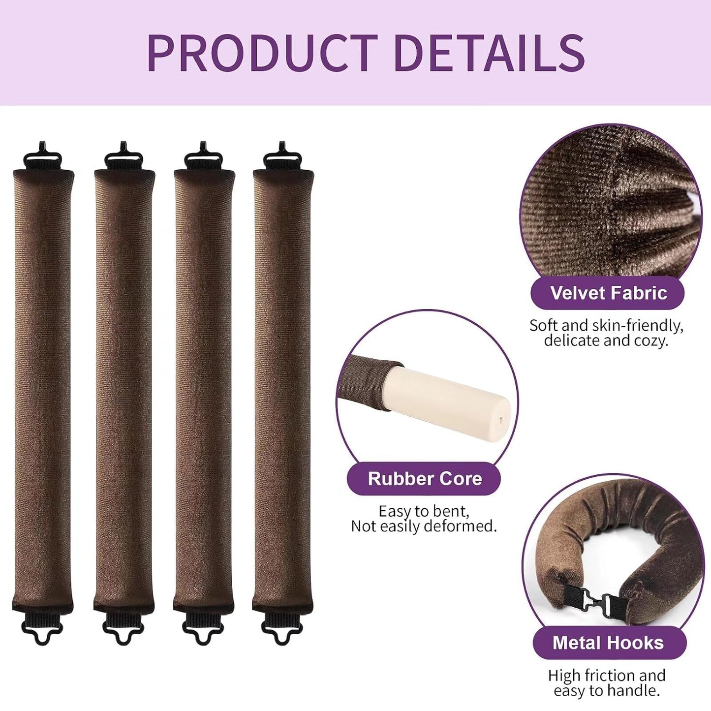 Heatless Curls Overnight Hair Curlers - 4 Pcs No-Heat Curling Rod to Sleep In,Velvet Hair Rollers with Satin Wrap
