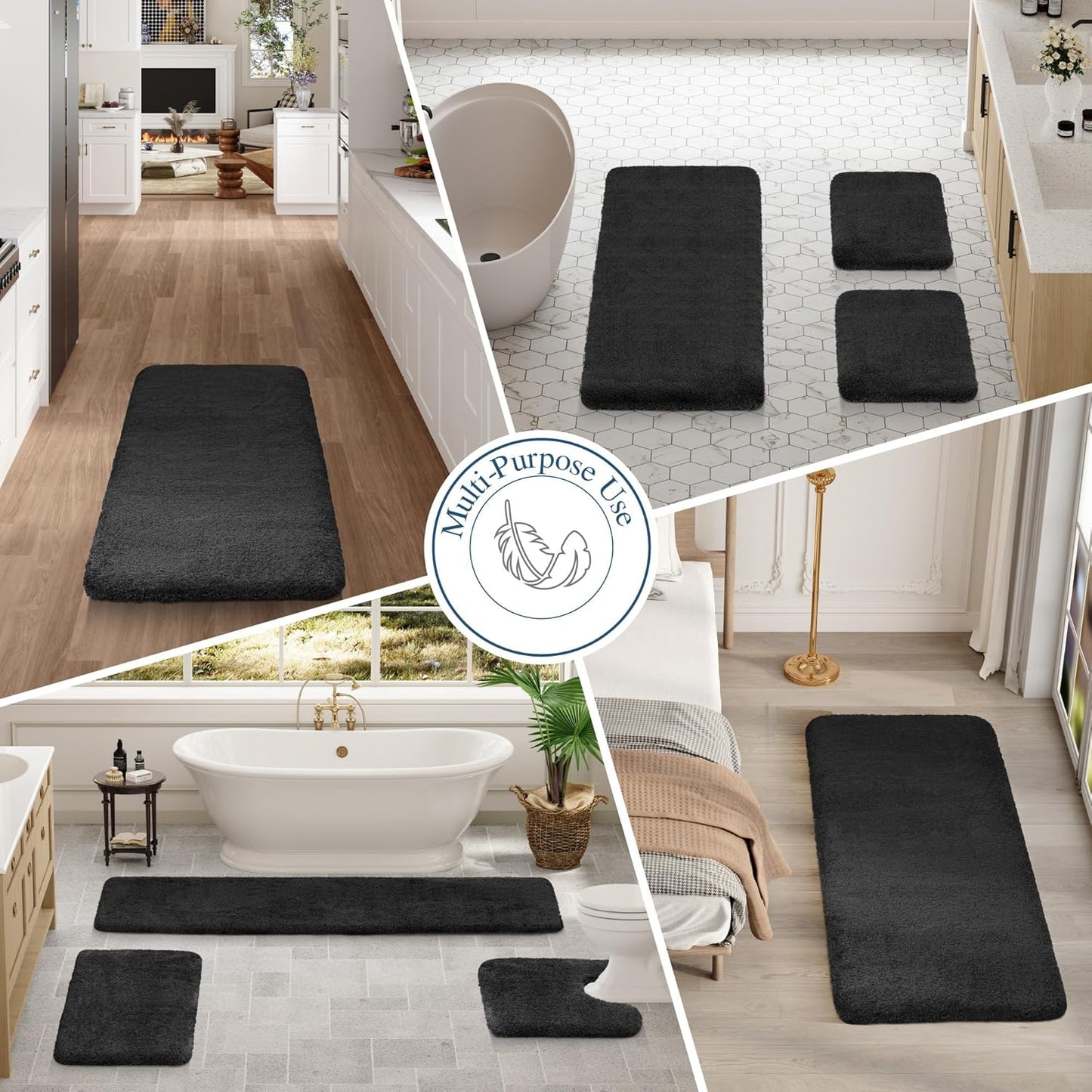 Walensee Large Bathroom Rug (24 x 36, Black) Extra Soft and Absorbent Shaggy Bath Mat Machine Washable Microfiber Non Slip Luxury Floor Mat