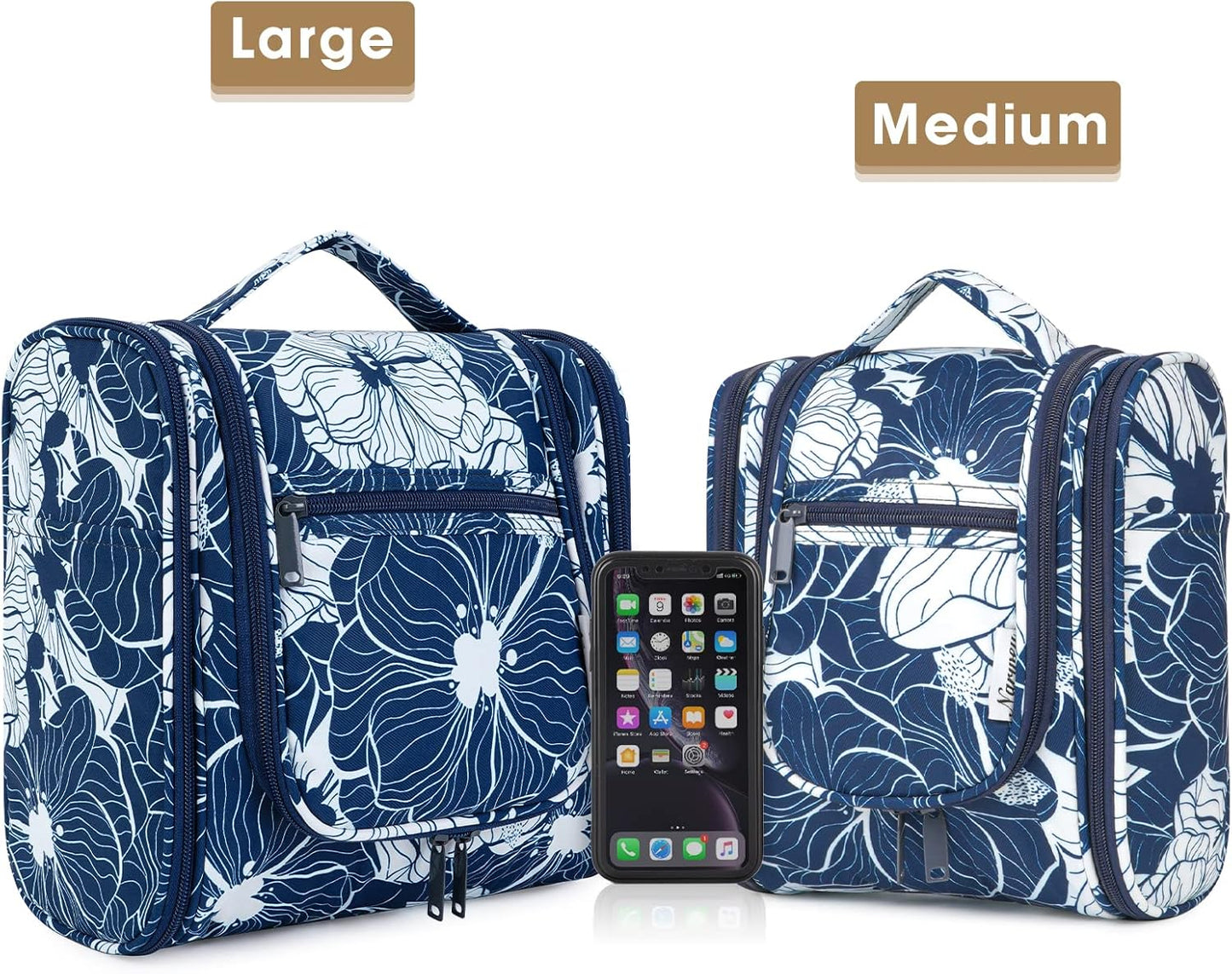 Narwey Hanging Toiletry Bag for Women Travel Makeup Bag Organizer Toiletries Bag for Cosmetics Essentials Accessories (Large, Blue Lotus)