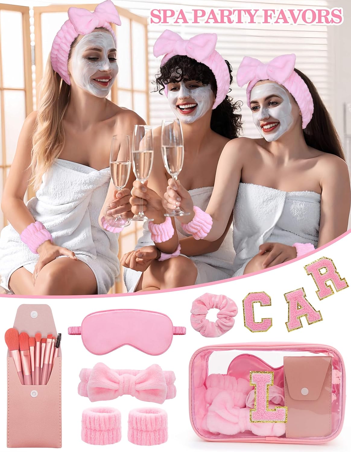 Gift Sets for Women, Initial Makeup Bag with Makeup Brush Set Bachelorette Party Favors, Pink Spa Kit with Skincare Headbands Wrist Bands Sleepover Party Supplies Gifts for Teen Girls Bridesmaid L