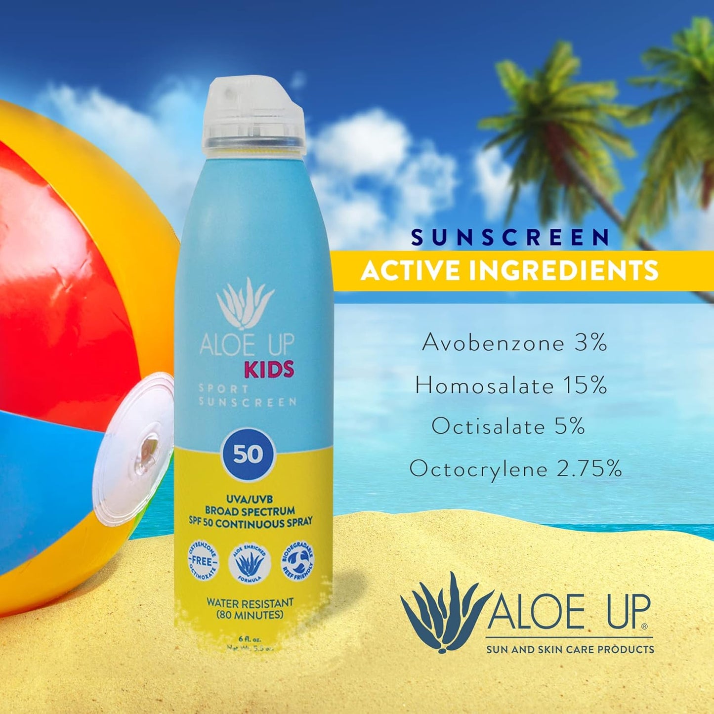 Aloe Up Kids Continuous Sport Sunscreen Spray SPF 50 - Broad Spectrum Sheer Face and Body Sunscreen Protector for Sensitive Skin - With Aloe Vera Gel - Dries Fast - Reef Safe - Fragrance-Free - 5.5 Oz