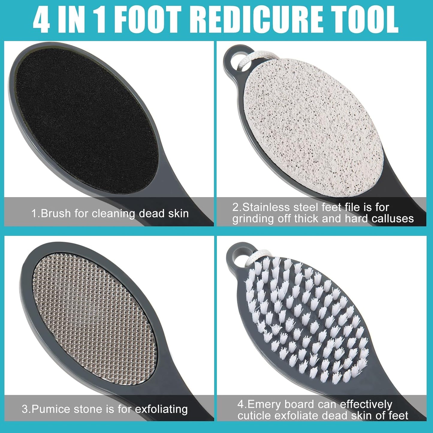 Foot File Callus Remover-3 Pcs 4 in 1 Foot Scrubber Dead Skin Remover for Feet,Pumice Stone, Foot Rasp and Sand Paper for Home Foot Care,Foot Brush for Shower (Grey Pedicure Foot File)