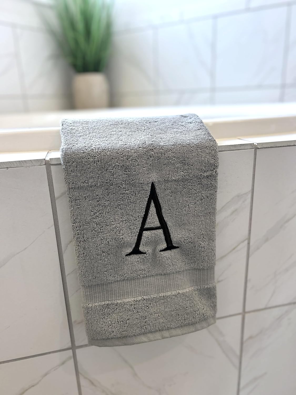 Gray Initial Hand Towel for Bathroom - Monogrammed Luxury Hotel Quality Decorative Embroidered Towel for Powder Room, Spa - GOTS Organic Certified - Set of 2 Black Letter E