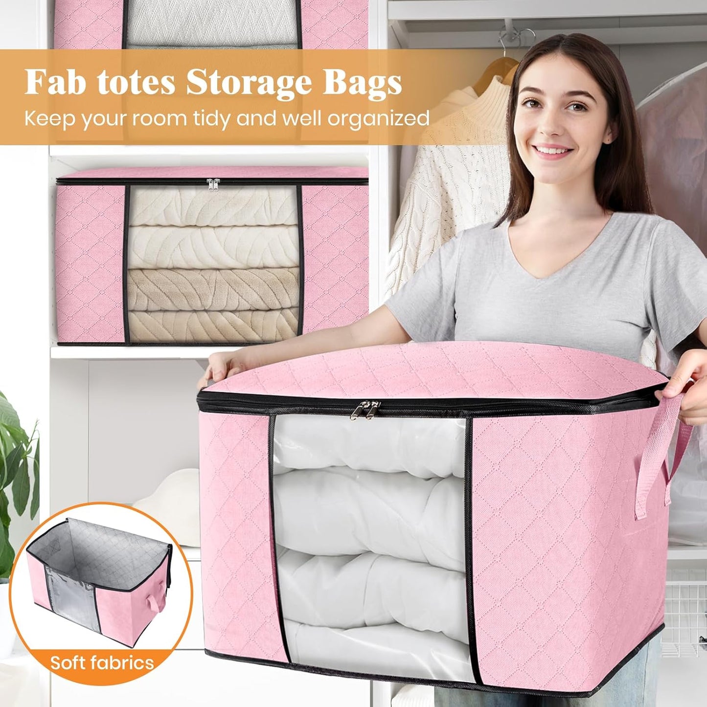 Fab totes 24 Gallons Clothes Storage, Foldable Thick Fabric Blanket Storage Bags, Containers for Organizing Bedroom, Closet, Clothing, Comforter, Organization with Handle (10 Pack,Pink)