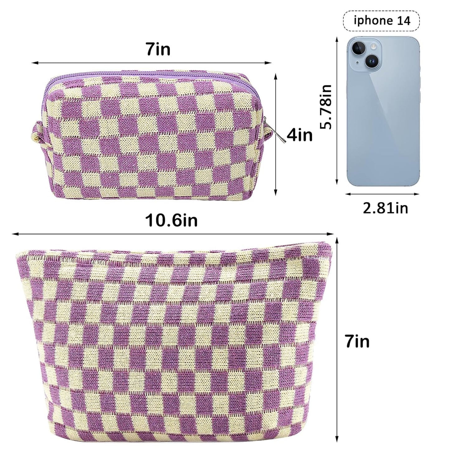 ZLFSRQ 2Pcs Checkered Makeup Bag for Women Large Small Checkered Cosmetic Bag Set Aesthetic Preppy Pencil Case Cute Pencil Pouch Purple Makeup Pouch for Purse Travel Toiletry Bags Zipper Skincare Bags