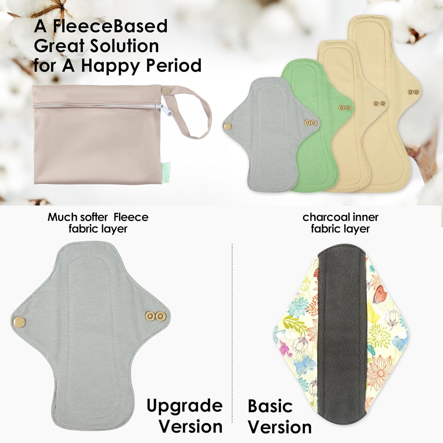 wegreeco 6 Pcs Reusable Menstrual Pads, Ultra Absorbent Cloth Pads for Heavy Flow, Sanitary for Teens, Women, Nonslip Panty Liners + Bag (Mustard Yellow, Grey, Beige, Rose Gold Outer, Mixed Sizes)