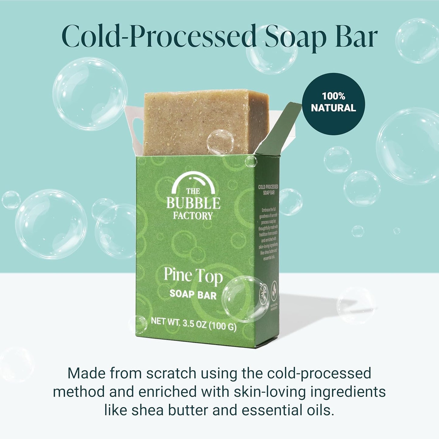 The Bubble Factory Handmade Natural Bath & Body Soap Bar, Vegan, All-Natural, Palm Oil Free, Made in USA with Shea Butter + Essential Oils, Pine Top, 3 Bars