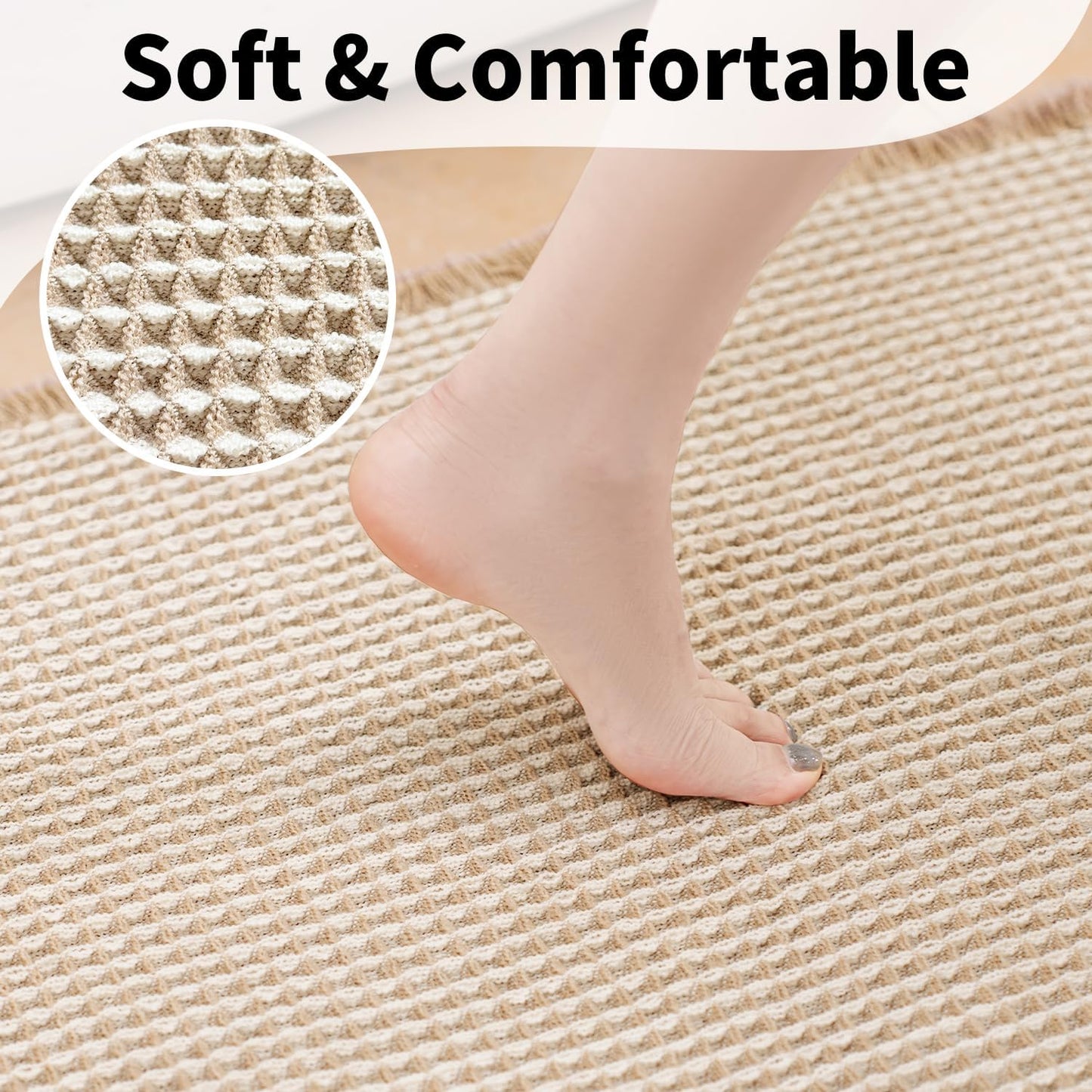 Waffle Bath Mat - Boho Bathroom Rugs Non Slip Washable, Super Absorbent & Quick Dry, Soft Bath Mat Farmhouse Bathroom Decor, 24'' x 48'', Khaki and White