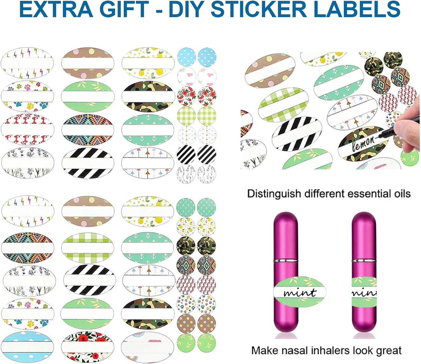 6 Pack Aromatherapy Nasal Inhaler Tubes for Essential Oils, Portable Reusable Blank Aluminum Nasal Inhalers with 2 Mini droppers 24 Cotton Wicks and 24 Writable Stickers