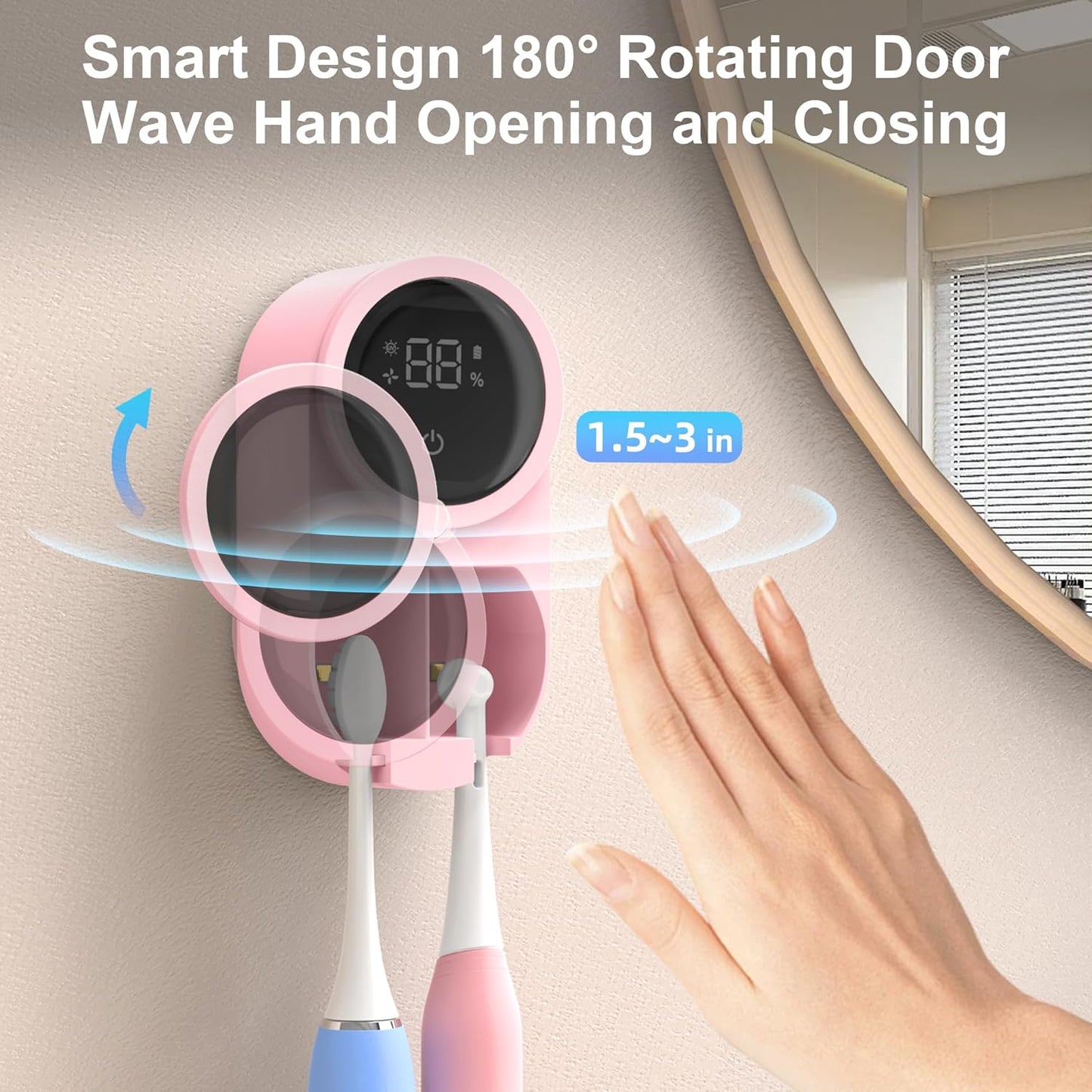 Toothbrush Holder and Cleaner for Bathroom Light Cleaning Fan Drying Round in Circle Automatic Rotating Cover Wall Mounted Smart Home Gadgets (03 Pink)