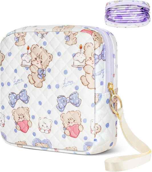 Tampon Holder for Purse, Quilted Period Bag Sanitary Napkin Storage Bag for Girls Womens, Portable Feminine Emergency Pad Period Pouch(Butterfly Bear)